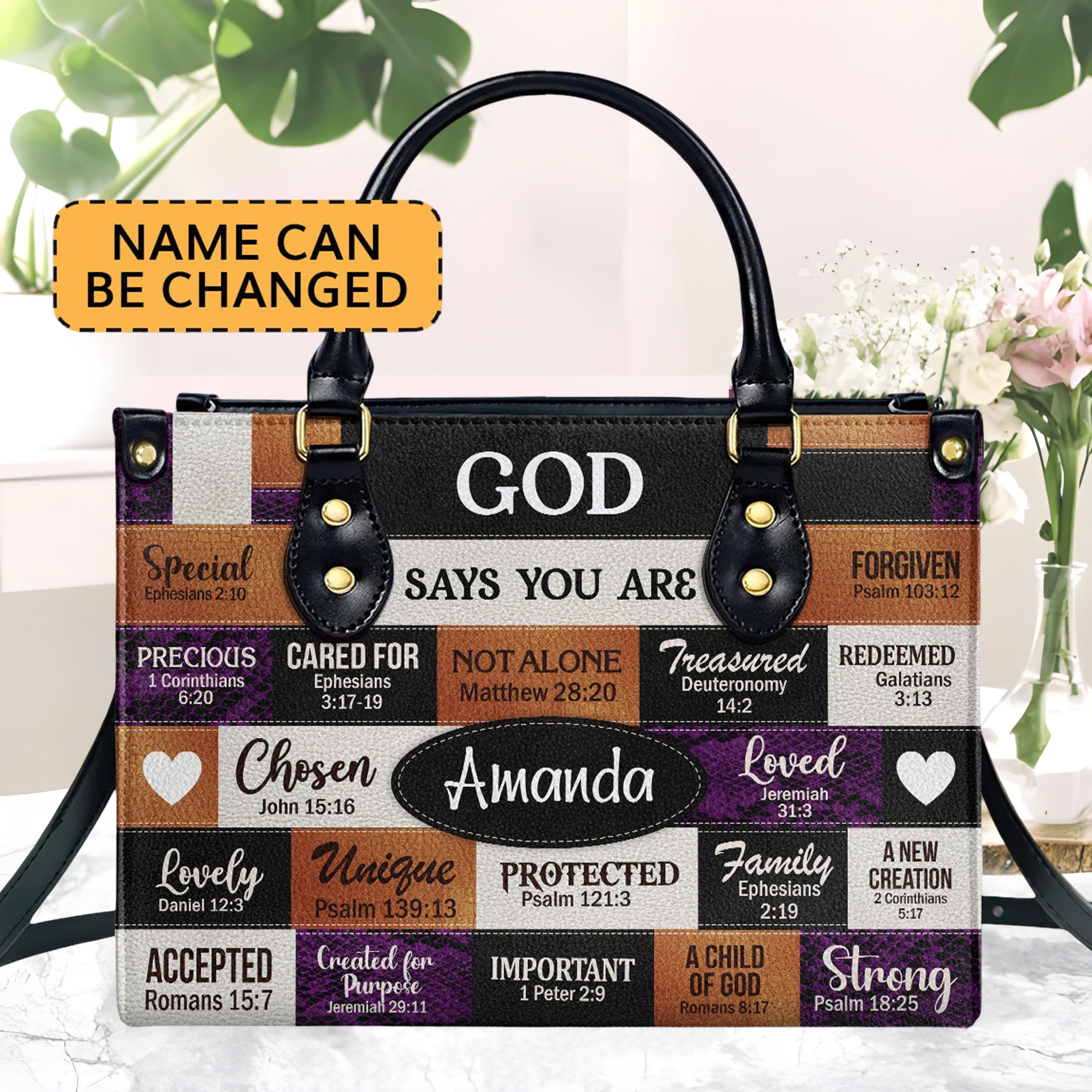 Personalized Christian Leather Handbag, God Says I Am Custom Name Purse with Bible Verses, Faith Based Religious Gift for Women BLAF32